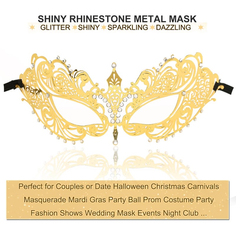 MYMENU Masquerade Mask for Women Shiny Rhinestone Venetian Party Prom Ball Metal Mask (Golden Butterfly) - Image 2